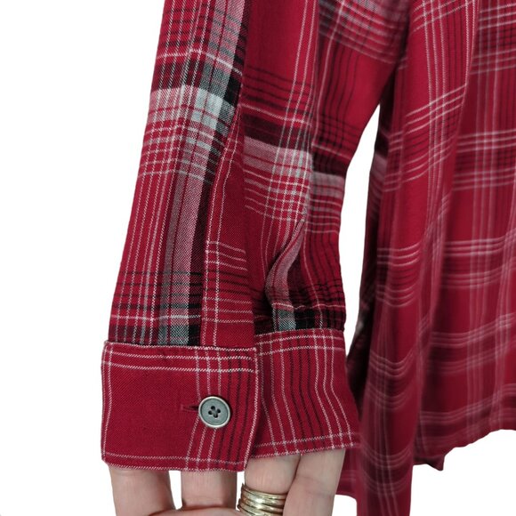 J. Jill‎ Women's size Small Petite Tunic Blouse Red Plaid Button-Down Rayon - Picture 5 of 13